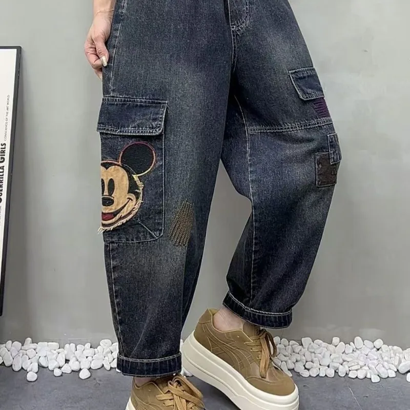 

y2kWomen's Disney Mickey Vintage Jeans, Elastic Waist Nine Points Dad Pants, Plus Size Slim Patch Design Loose Harem Denim Pants