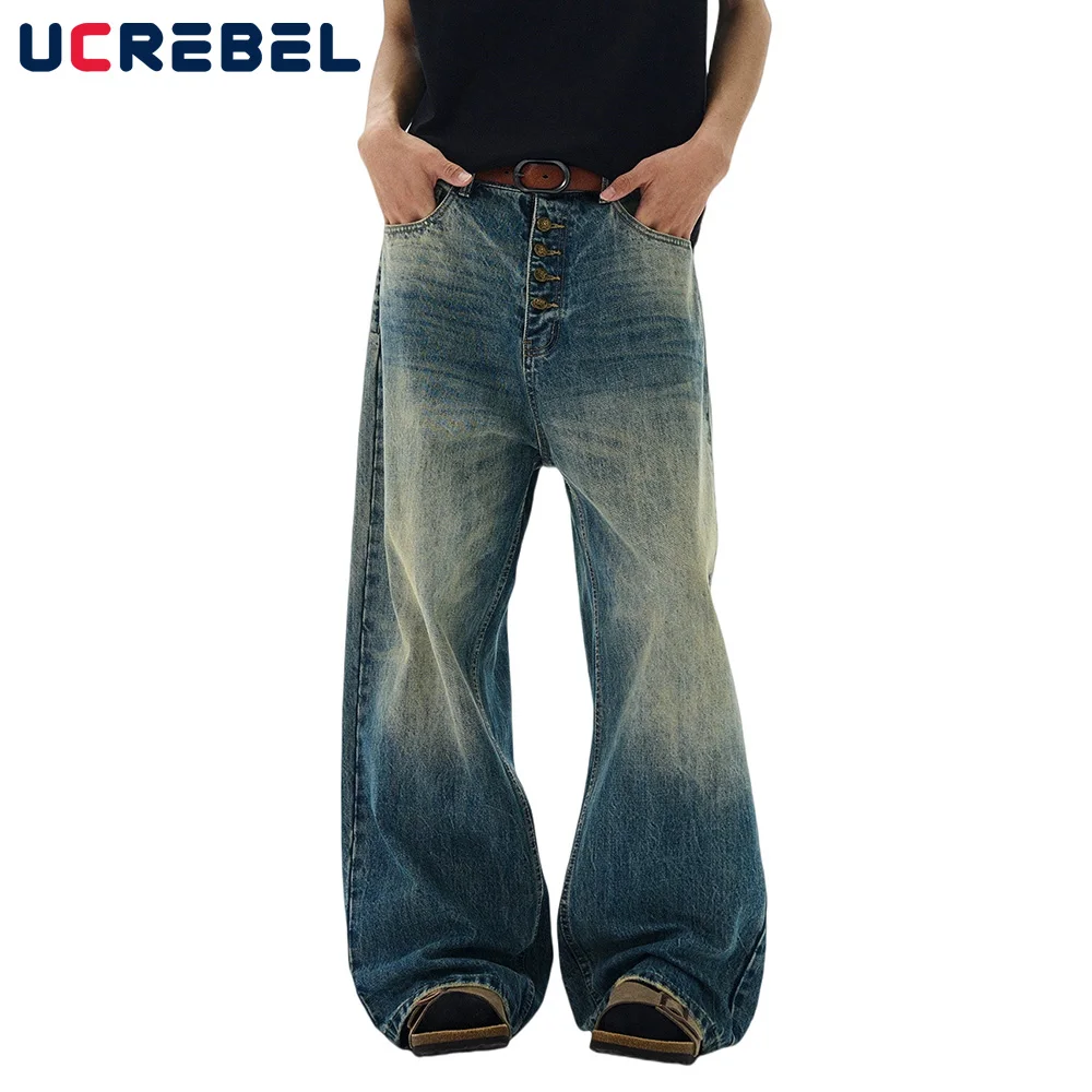 

Single Breasted Washed Distressed Jeans Mens Retro High Street Gradient Loose Straight-leg Wide Leg Denim Pants Men