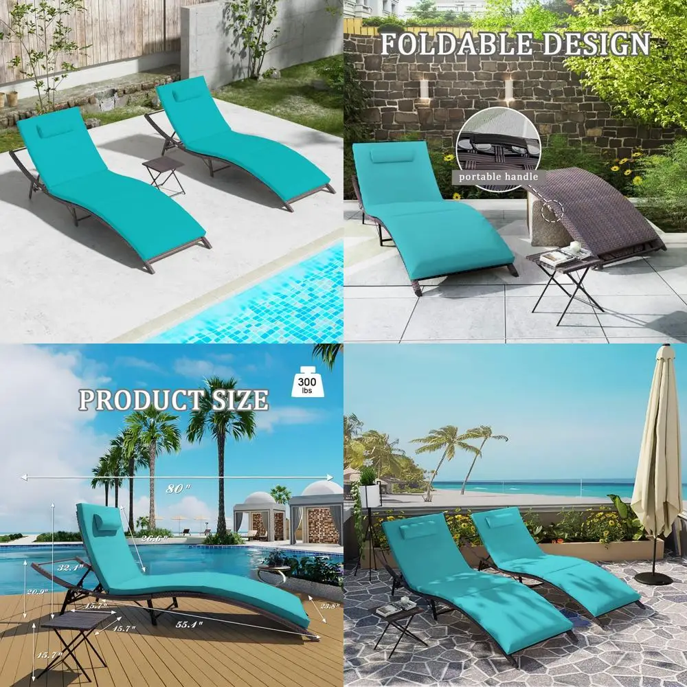 Outdoor Folding Chaise Lounge Chairs Set of 3 with Table, Rattan Patio Furniture for Poolside Relaxation