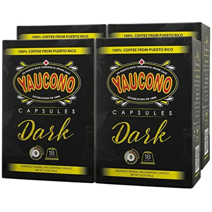 Cápsulas de café expreso Yaucono, tostado oscuro, 100% café de Puerto Rico, compatibles con máquinas Nespresso, paquete de 18 unidades.