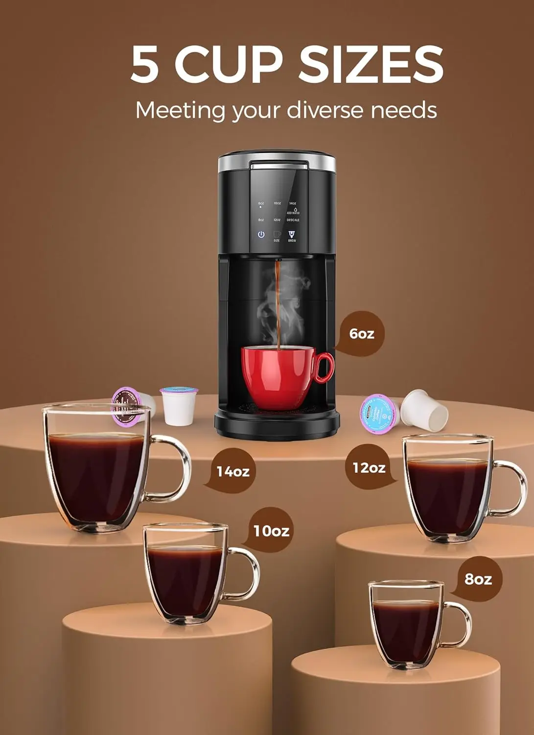 ماكينة صنع القهوة ذات الخدمة الواحدة، ماكينة تحضير القهوة للكبسولات والقهوة المطحونة، ماكينة صنع قهوة الكبسولات مع خزان مياه 40 أونصة، 5 مقاسات مشروب