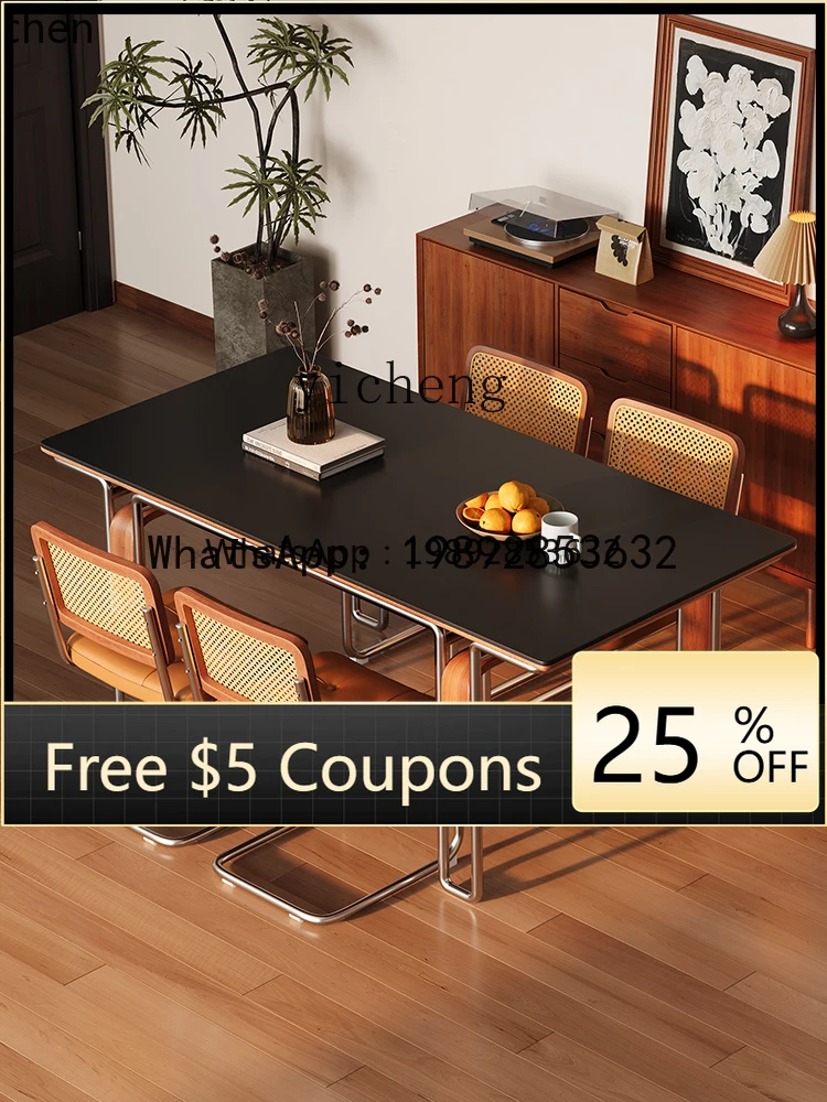 

ABB rock slab solid wood dining table black high-end family household small apartment