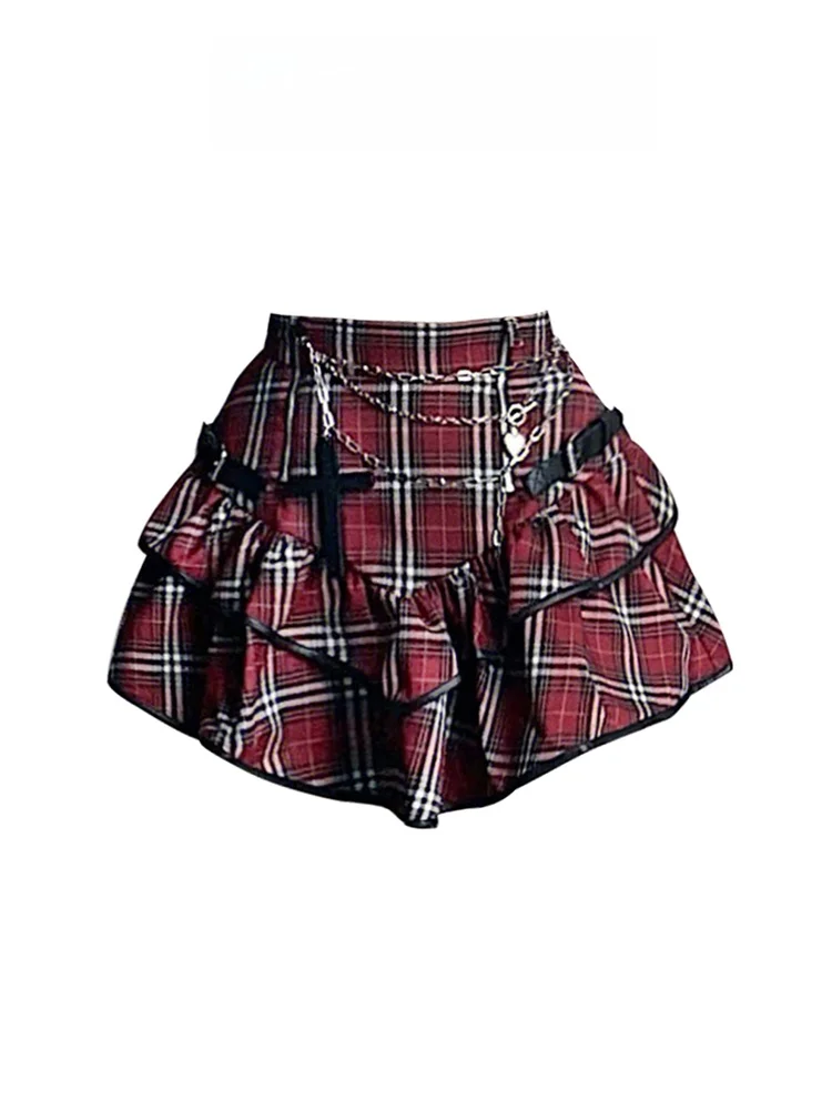 

Красная клетчатая юбка женская, новая модель весна-лето, с высокой талией, А-силуэт, многоярусная, для повседневной носки, короткая юбка для женщин