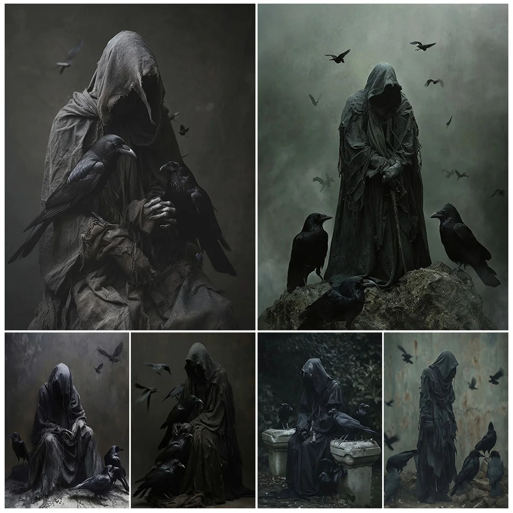 

The Meditator In A Shabby Black Robe,Abstract Art,Poster Print,Dark Aesthetics Wall Art,Gothic Witchcraft Fantasy,Canvas Print