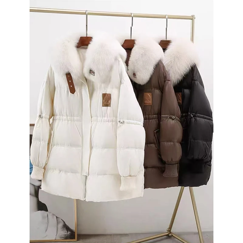 2024 New Winter Real fur parka white duck Down Detachable Fur Jacket Mid-Length Luxury Winter Warm Outerwear