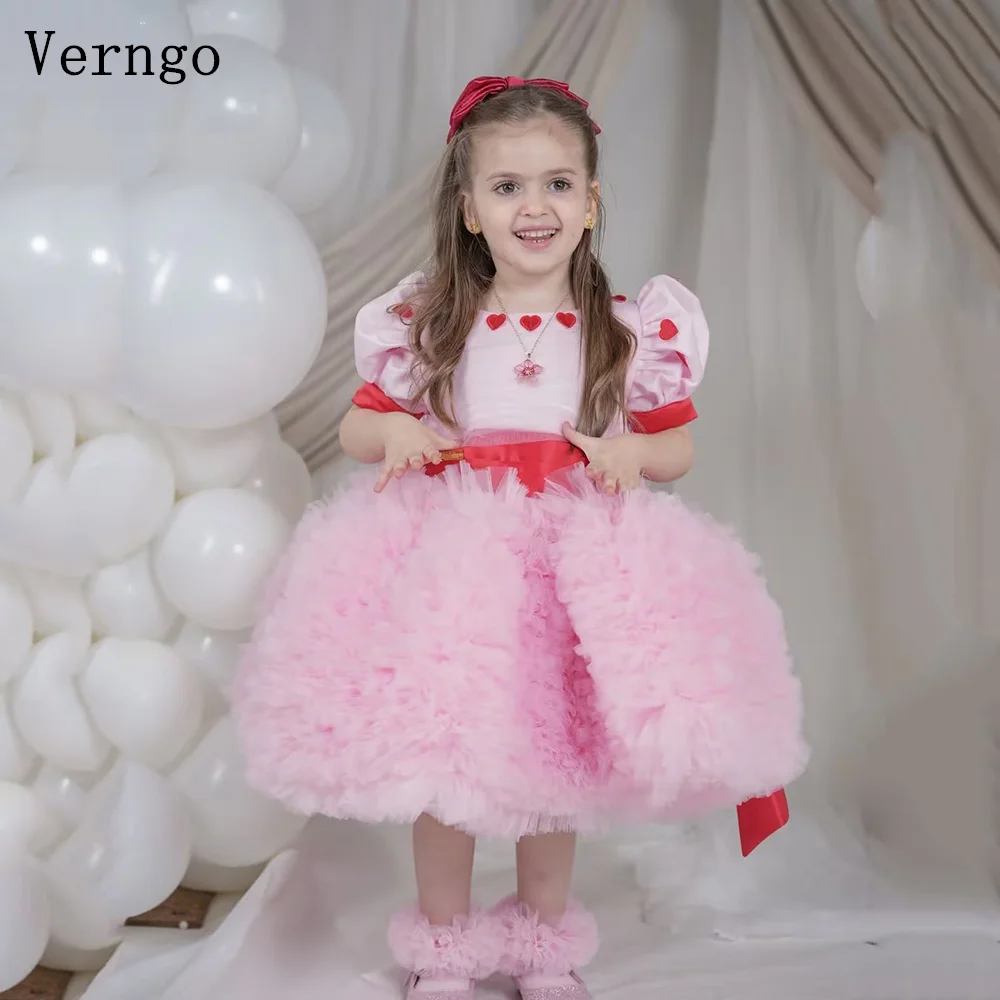 

Розовое тюлевое платье Verngo для девочек с цветочным узором, с круглым вырезом, короткими рукавами, А-силуэта, для дня рождения, элегантное выпускное платье, на заказ