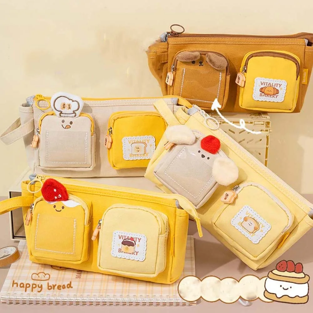 Large Capacity Cartoon Canvas Pen Bag Chestnut PVC Cute Bear Pencil Pouch Portable Yellow Stationery Storage Bag