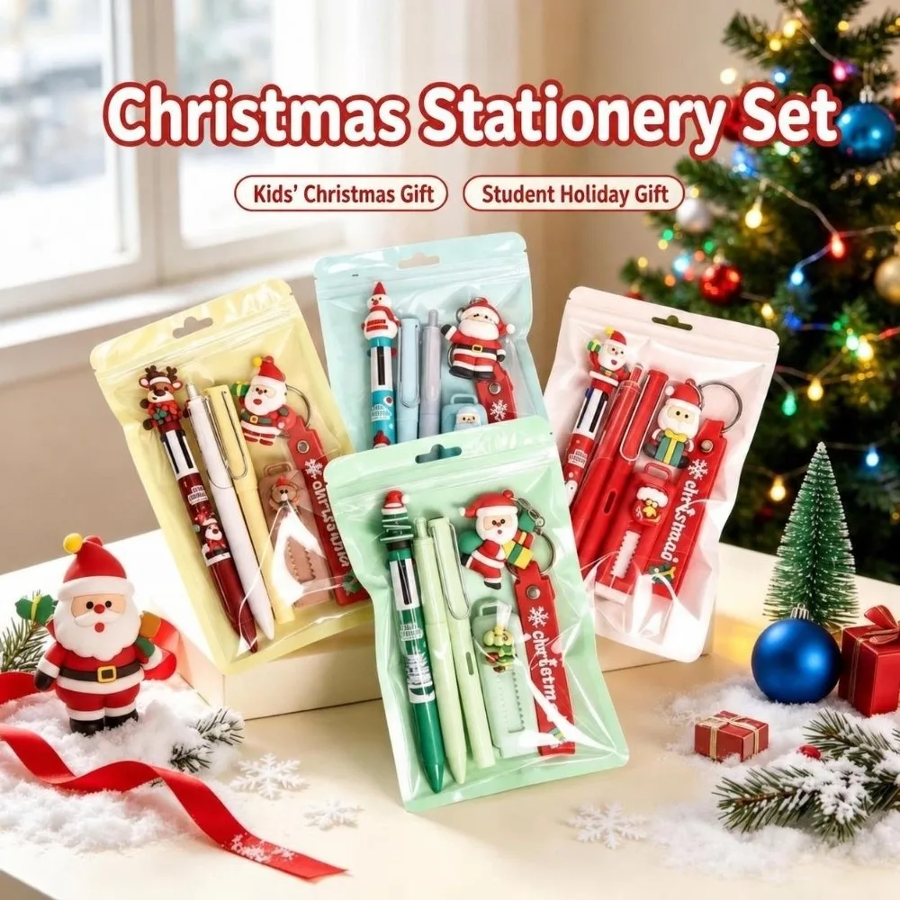 5Pcs Gel Pen Christmas Stationery Set Pencil Eraser Keychain Christmas School Supplies Holiday Stationery Kit Christmas Gift