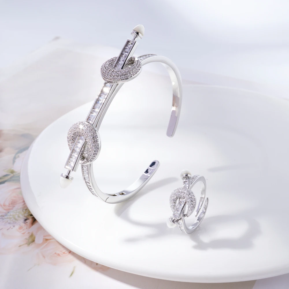 InJewelife Trendy Cubic Zircon Shell Bangles Bracelets with Ring Luxury Jewelry Set for Women Gold Plated Bracelet Jewellery