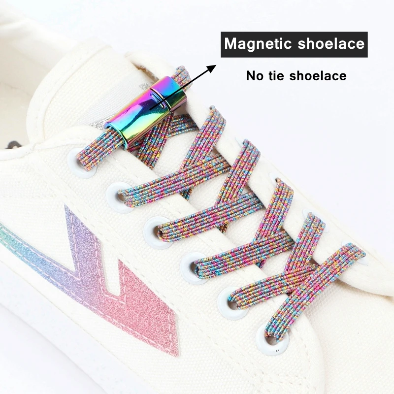 Rainbow Flat Shoelaces Magnetic Metal lock No tie Shoe Laces Elastic Suitable For All Shoes Sneakers Lazy Shoes Lace 1 Pair