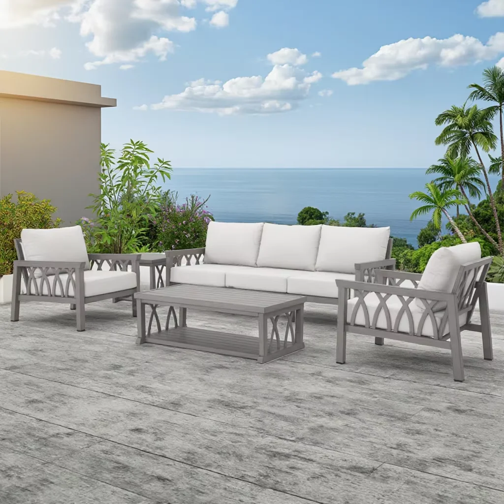 

5-Seater Waterproof Aluminum Outdoor Furniture Set Sofa Couch with Armrest Chairs Cushions 2 Tables for Porch Deck Garden Use