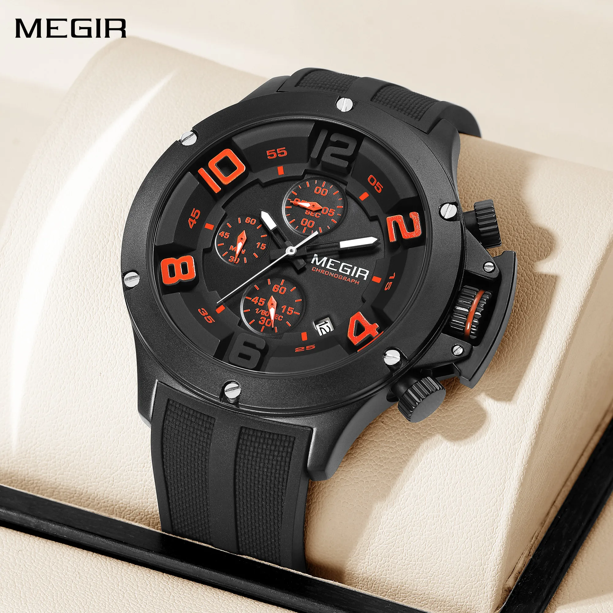 MEGIR Fashion Sport Quartz Watches for Men Big Dial Watch Chronograph Waterproof Luminous Military Wristwatches Date Clock 8115