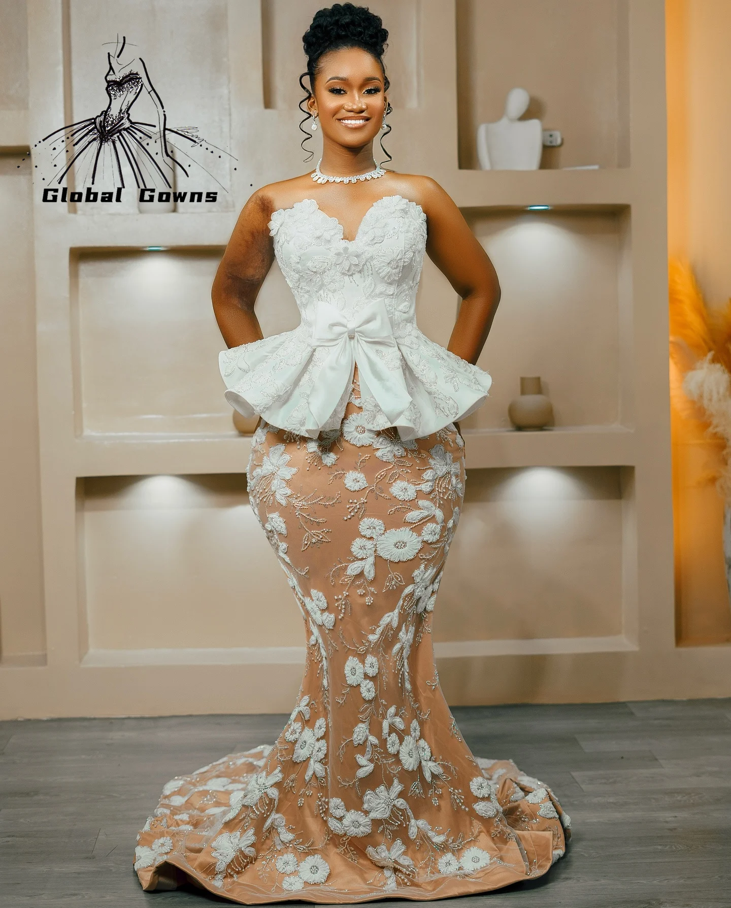 

Elegant White O Neck Wedding African Dresses For Black Girl 2025 Dresses Flower Mermaid Evening Dresses aso ebi Customized