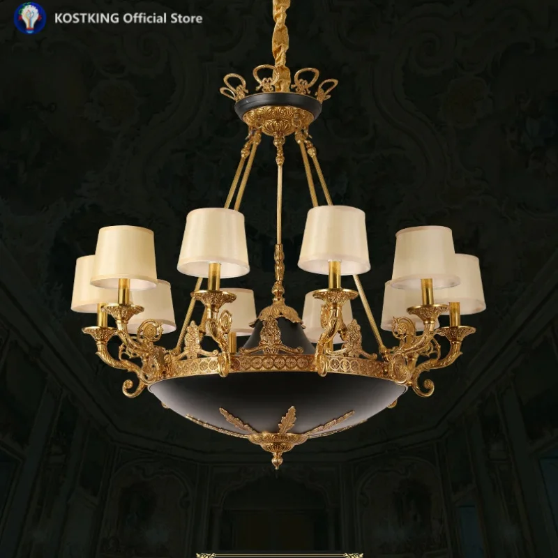French Retro Brass Living Room Chandelier Hotel Luxury Lobby Fabric Lampshade Pendant Light