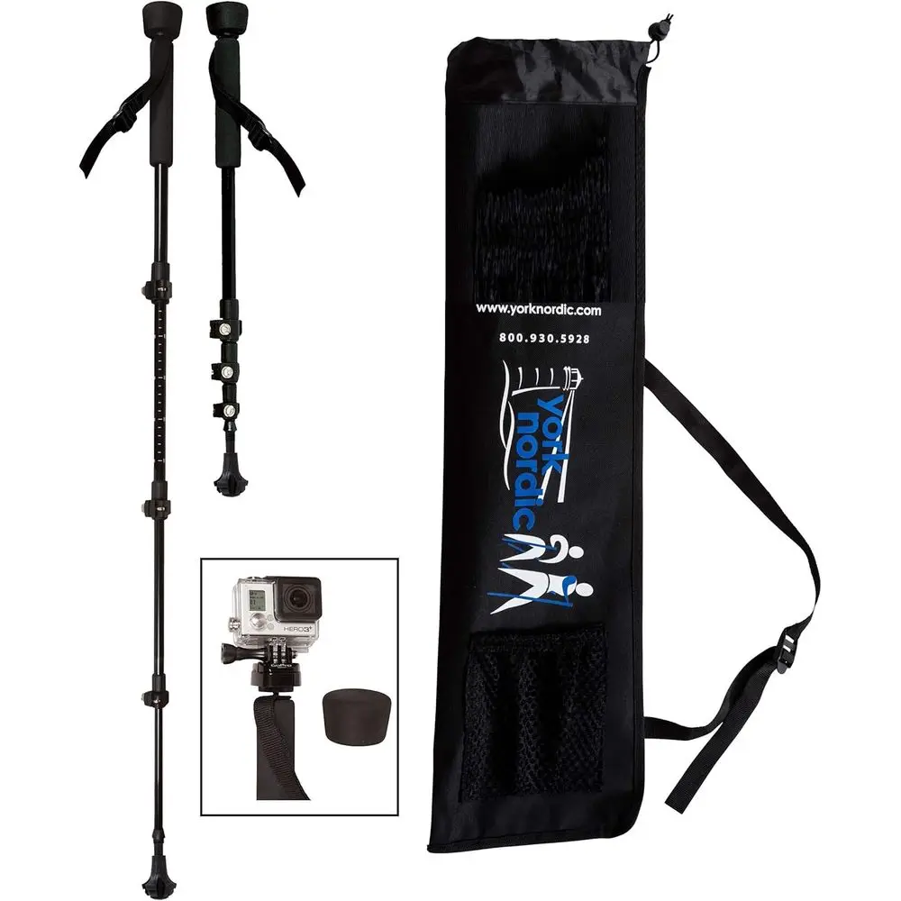 

Collapsible 4-Piece Trekking Poles - Pair with 3-Section Locks, Detachable Rubber Tips, and Camera Mount in Black