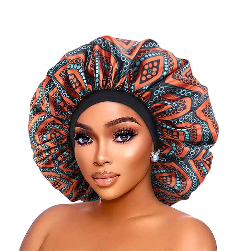 African Pattern Women Bonnet Satin Sleep Cap Elastic Band Women Head Wrap Extra Large Ladies Night Cap Turban Chemo Hat Supplies