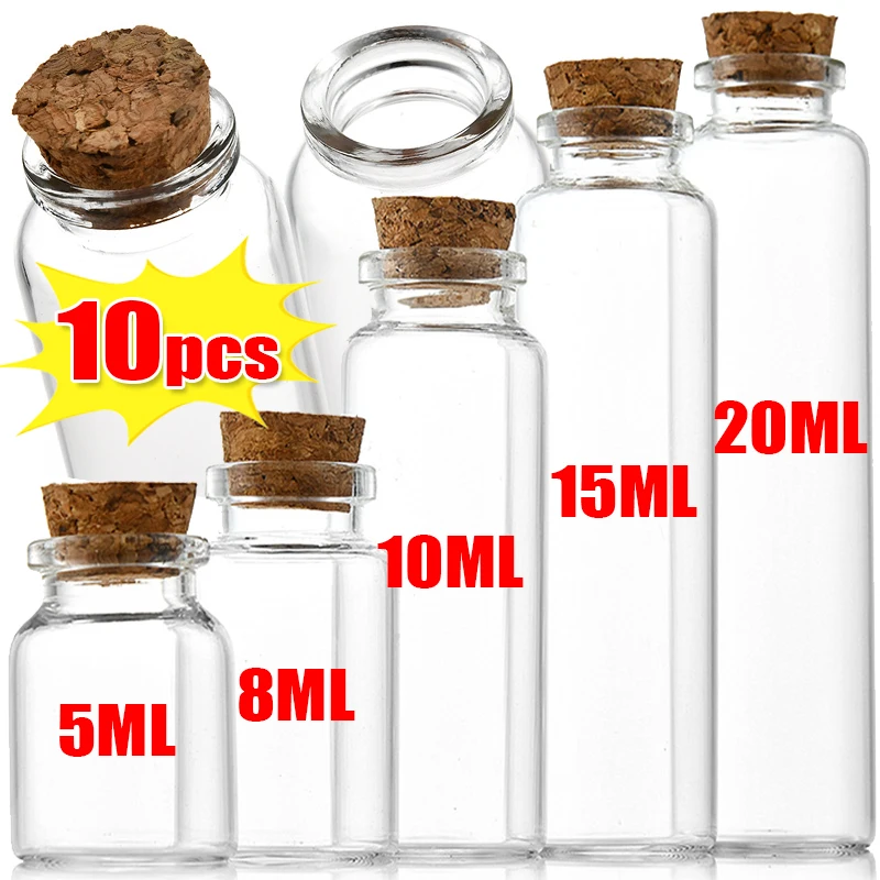 10pcs/lot 1-20ml Mini Empty Glass Bottles with Cork Stopper Message Wishing Drifting Bottle Jars Vials Gift Art DIY Crafts Gifts