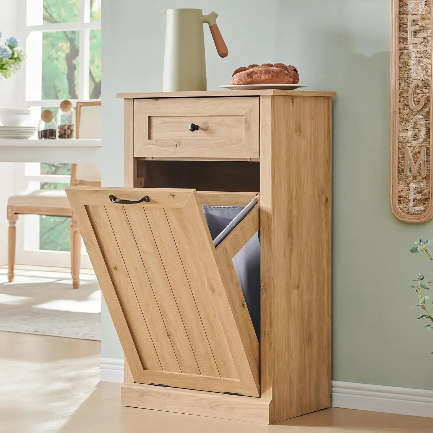 

Tilt Out Trash Can Cabinet, 10 Gallon Farmhouse Laundry Hamper Cabinet with Drawer, Hidden Wooden Trash Garbage Can Bin with Sto