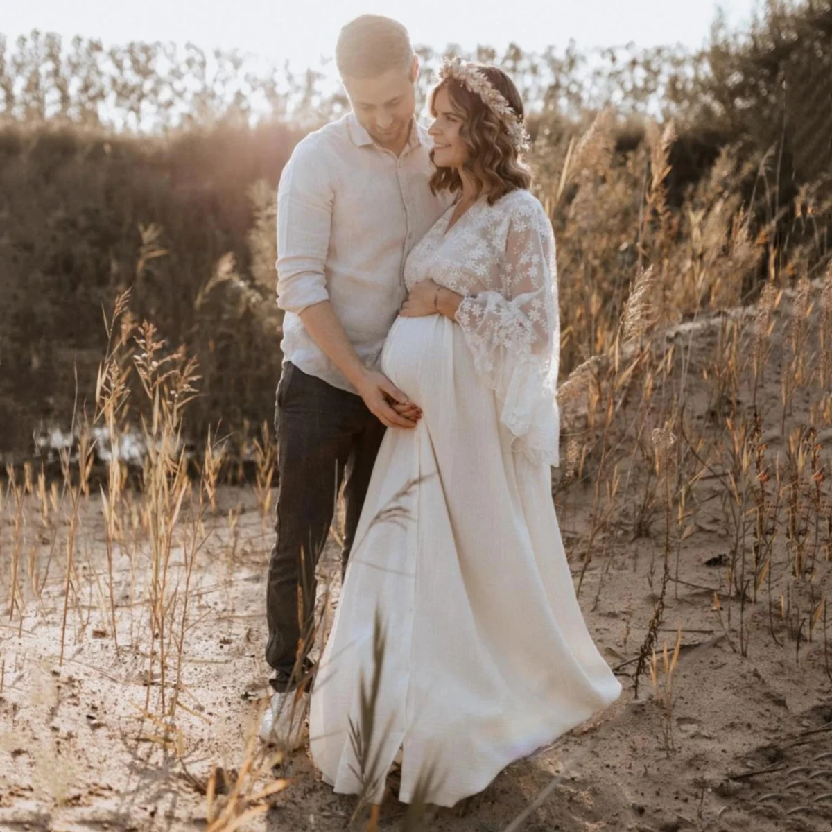 

2025 Boho Cotton Maternity Photo Shoot Dress Beige Bohemian Lace Stiches Cotton Pregnant Woman Photography Long Dresses