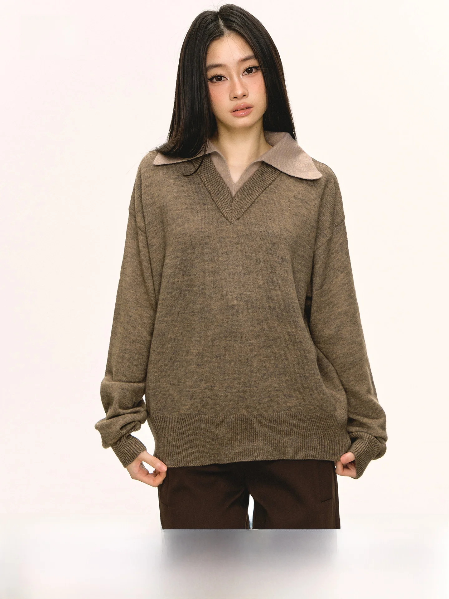 

Anna Aneae Lazy Sle Loose Knitted Sweater Women's Spring Autumn Fake Two-Piece Casual Comfortable Long Sve Top