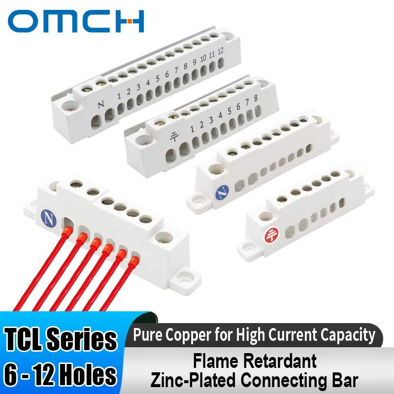 OMCH TCL Series Brass Terminal Block 6 8 10 12 Holes Neutral & Grounding Link Connecting Bar for Electrical Distribution Box MCB