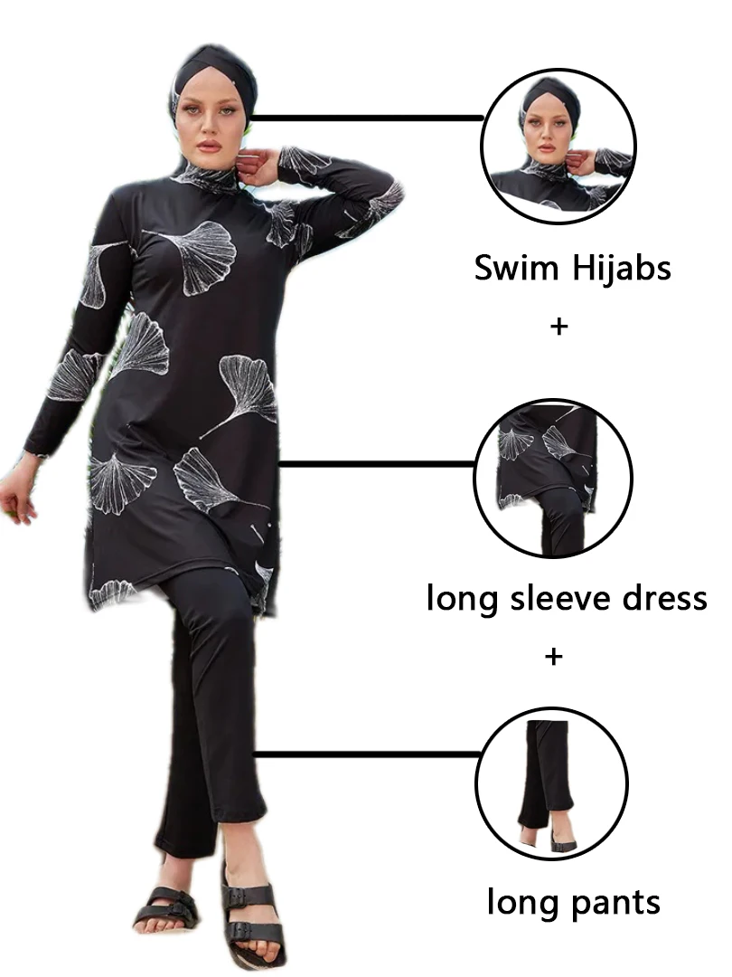 3 Pcs/Set Muslim Women Tulip Print High Stretch Swimwear Full Cover Floral Islamic Hijab Long Sleeve Ladies Burkini Swimwear