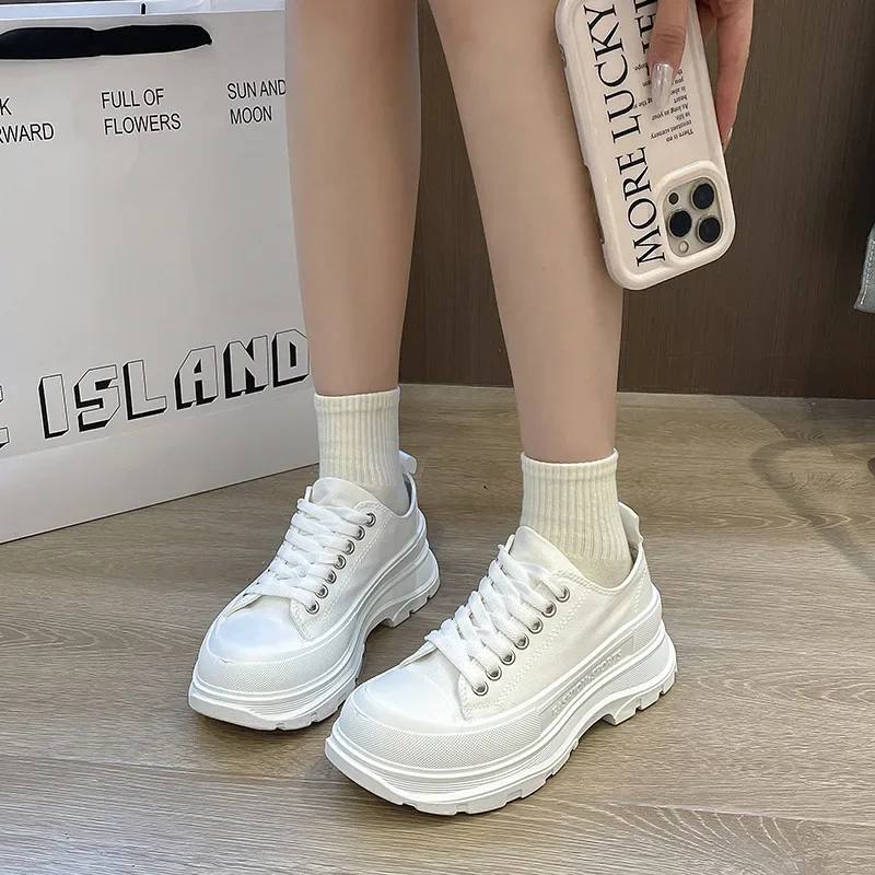 New Woman's Chunky Canvas Shoes Fashion All-match White Platform Sneakers Women Flat Shoe No-slip Casual Walking Footwear Mujer