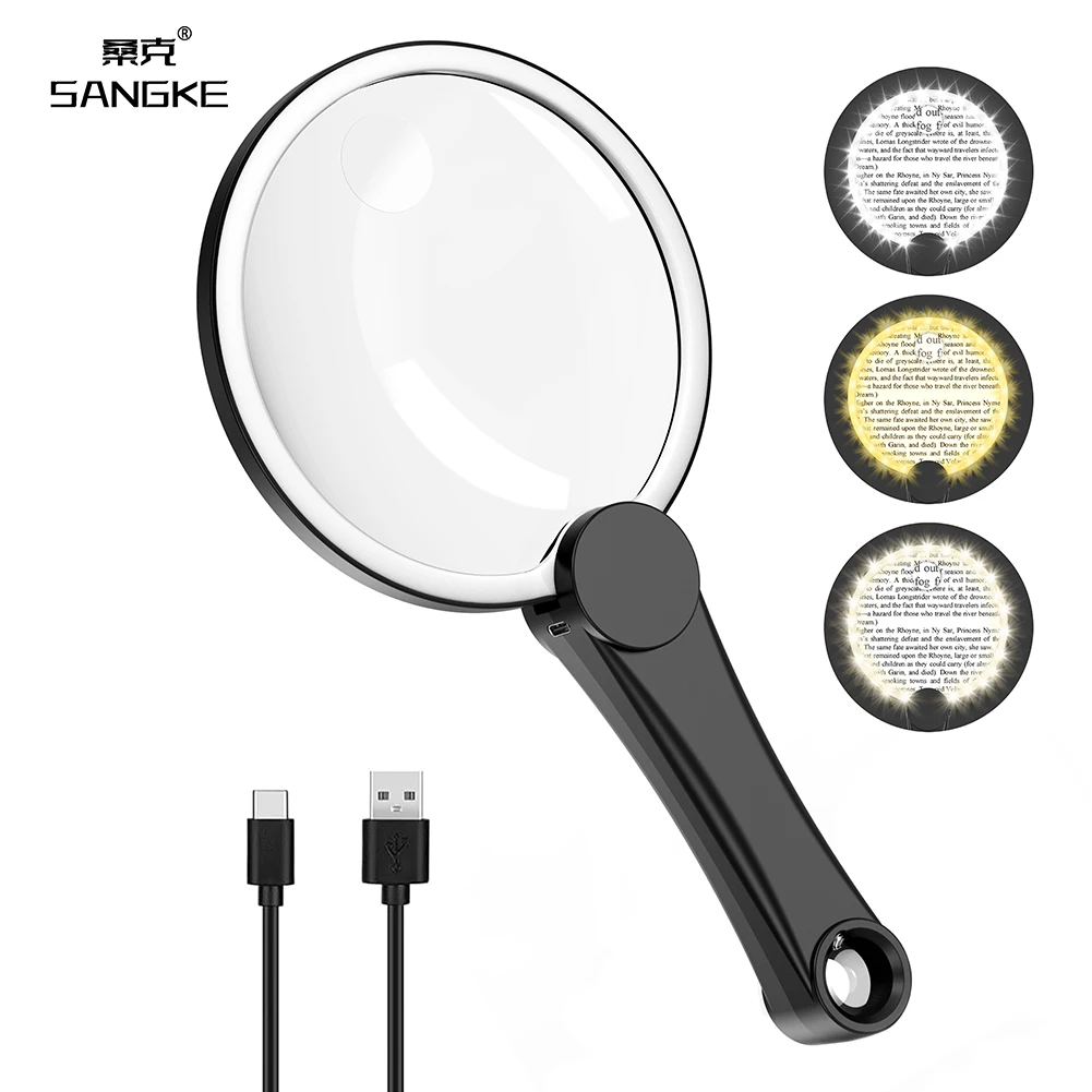 10X 20X Handheld Magnifying Glass with Extra 45X Tail End Lens, Ultra Bright 49 LED Magnifier-3 Light Modes for Seniors Reading