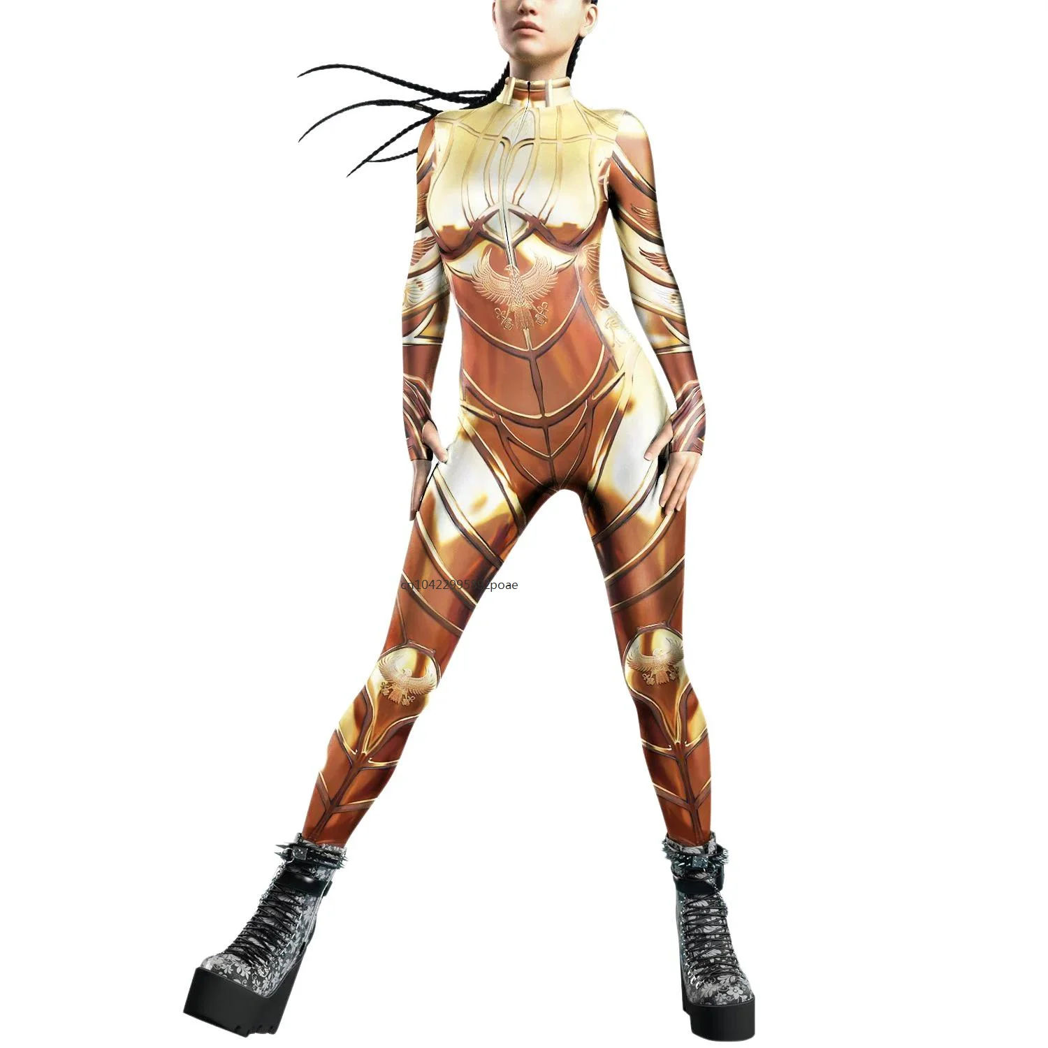 New Woman Jumpsuit Punk Cosplay Costume Gold Egyptian Pharaoh Sexy Front Zipper Zentai Bodysuits Halloween Party Outfit 2024