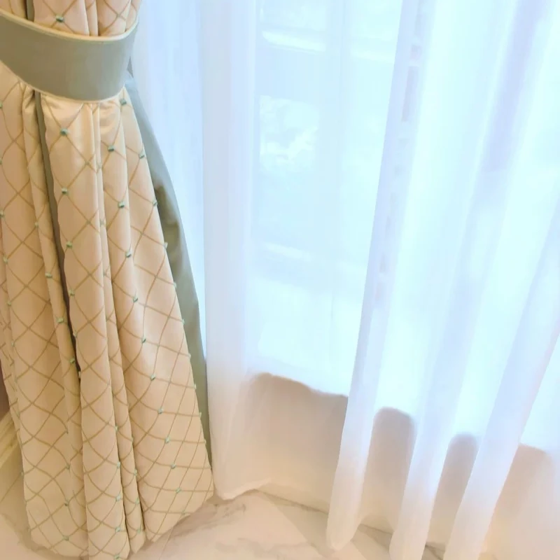 American Diamond Beige Gloss Embroidery Stitching Thickened Curtains for Living Room Bedroom French Window Balcony Customized