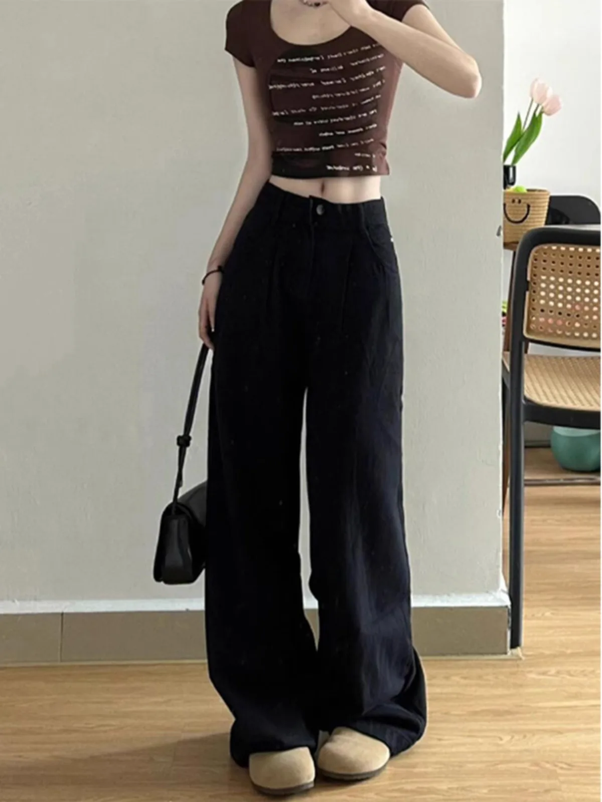

High Waist Draped Wide Leg Denim Jeans Women Early Autumn New Small Size Black Slim Loose Straight Floor-Length Pants