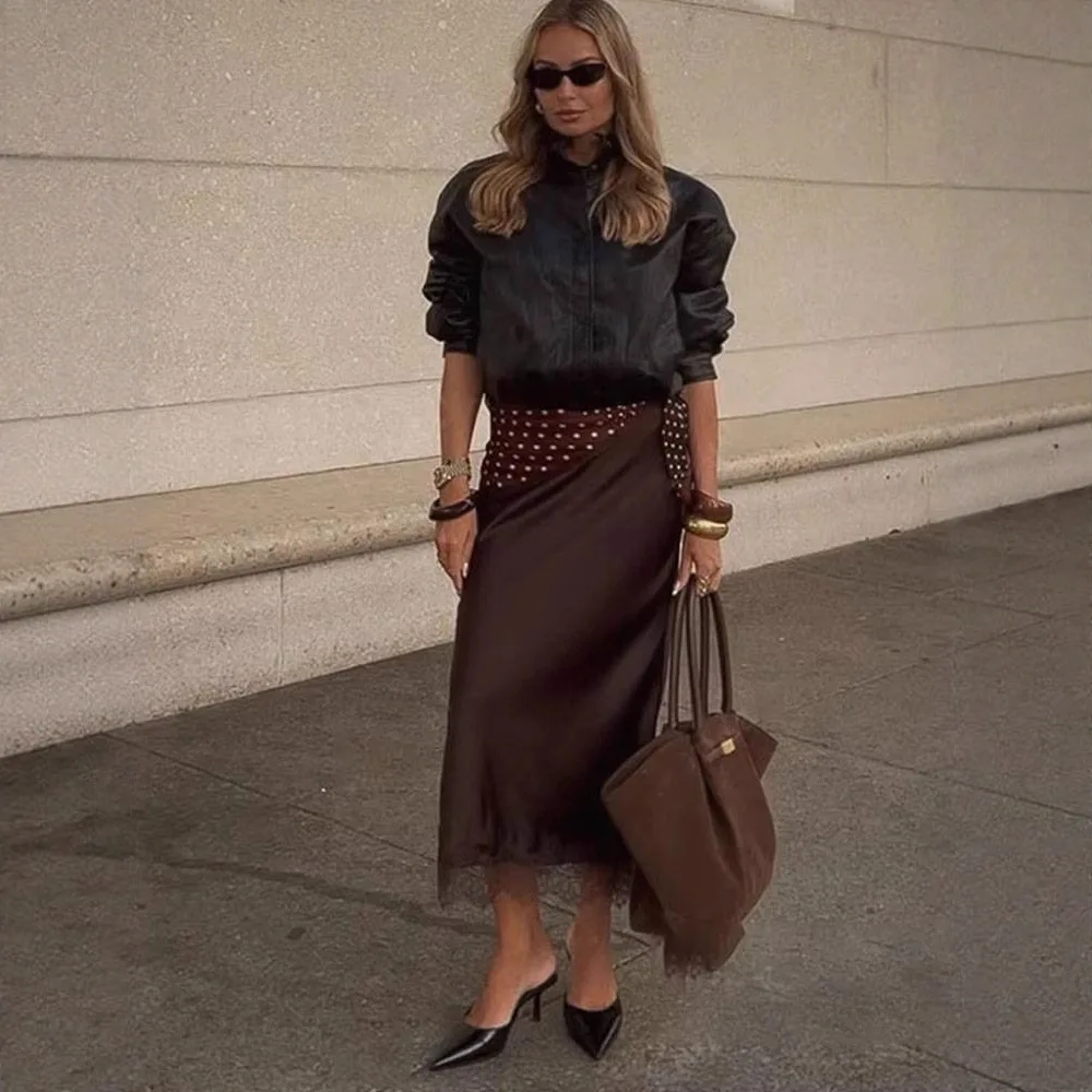 

High Waist Lace Patchwork Satin Long Skirt Women's Fashion Versatile Slimming Half Body Skirt Elegant Commute Style A- Line