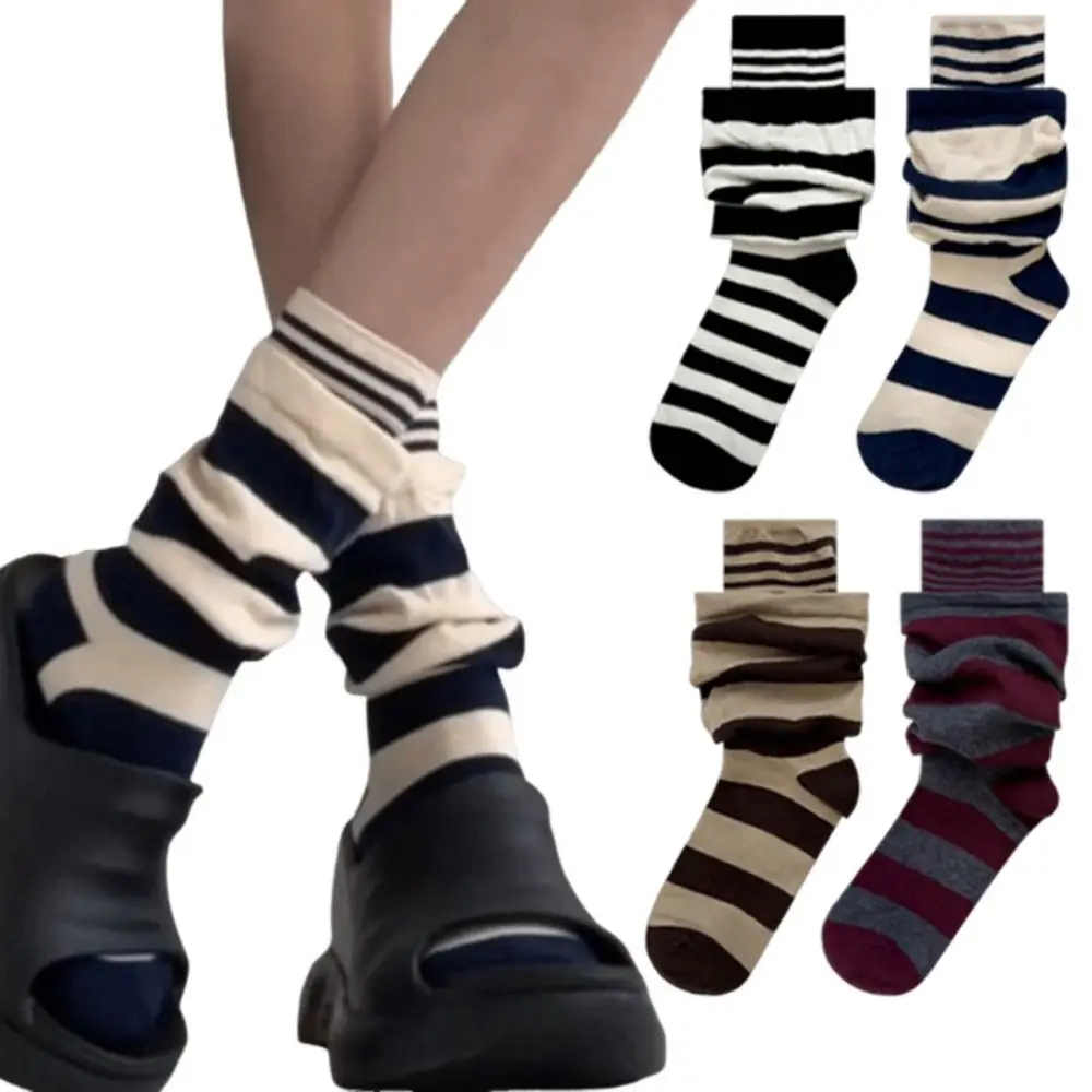 

4Pairs Heap Socks Fake Two Piece Ruffle Stripe Stocking Warm Loose Striped Pile Socks Comfortable Soft Mid-tube Socks Home Wear