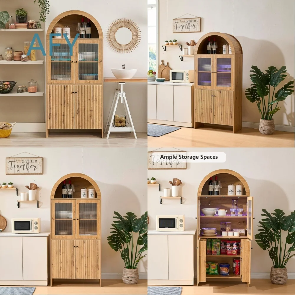 European Style LED High Arched Kitchen Food Cabinet with Glass Door and 2 Large Drawers for Home Storage Organization for
