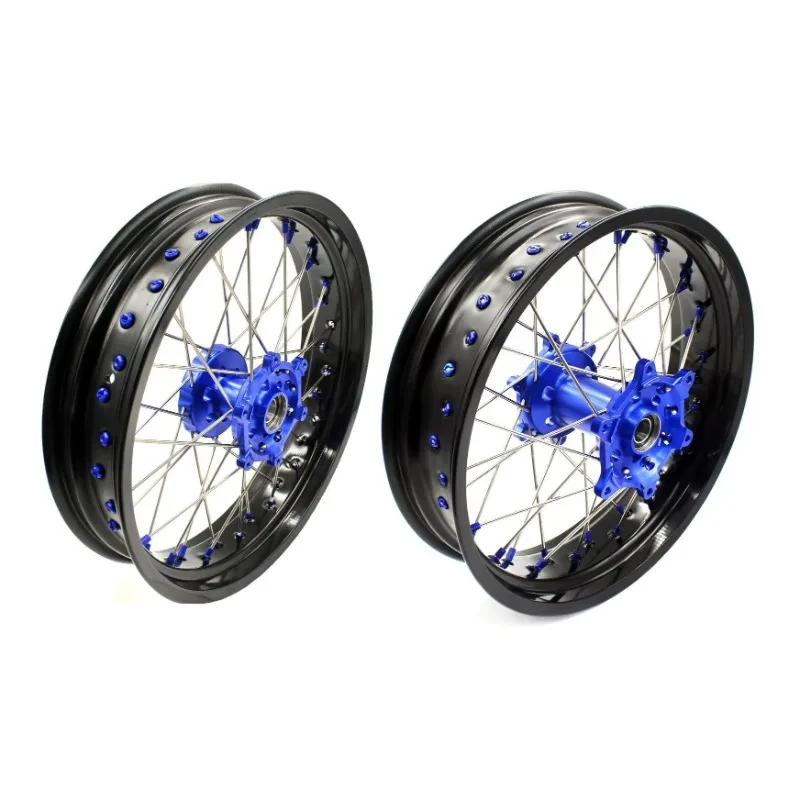 

【2025】 Комплект дисков Supermoto со спицами для YAMAHA WR250F WR450F 2024 YZ125 YZ250 YZ250F YZ450F 2003-2024 анодированная синяя ступица/нип