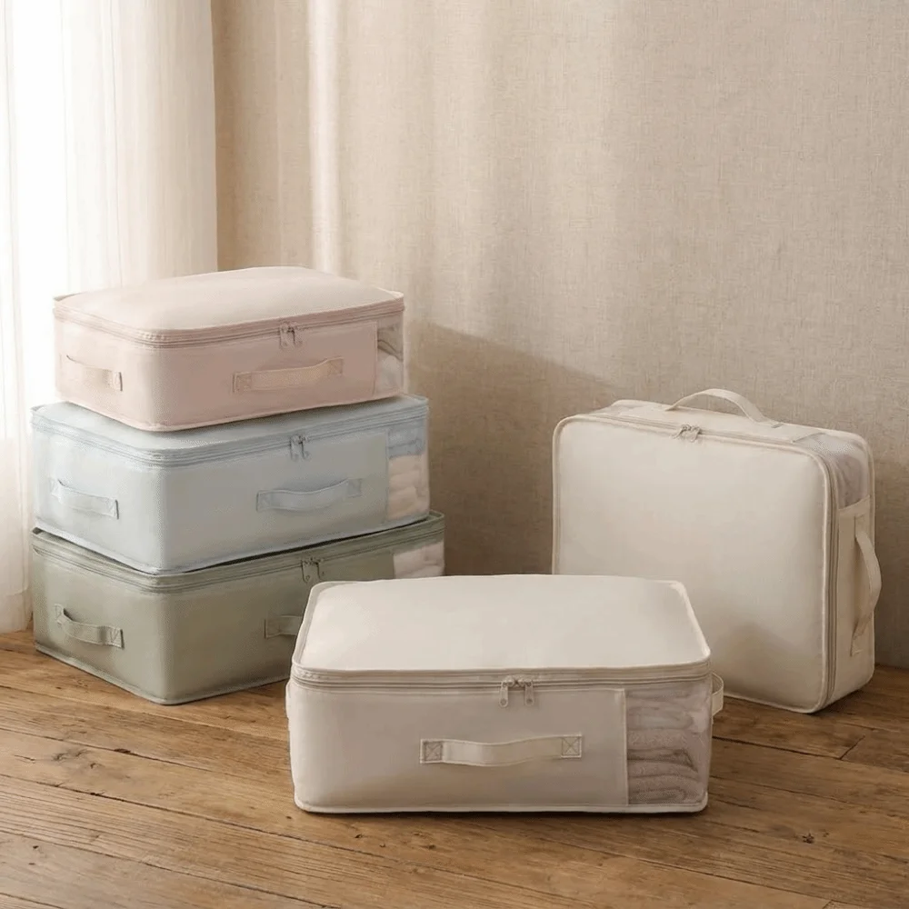 Visible Bed Sheet Storage Bag Large Capacity Folding Blanket Storage Container with Handle Space Saving Quilts Storage Organizer