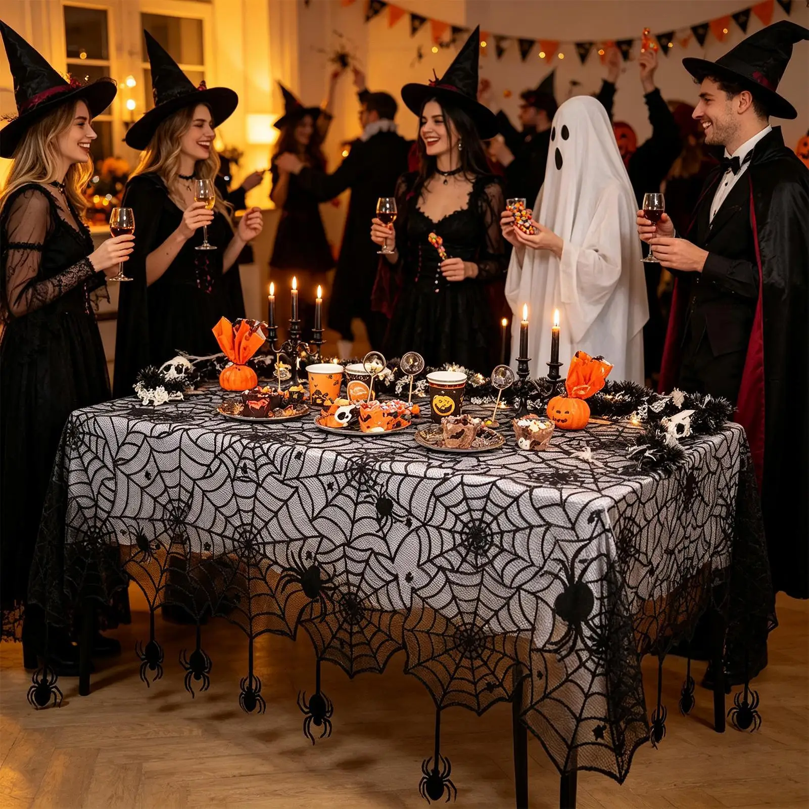 Black Table Runner Gothic Seasonal Tablecloth with Spiders Halloween Decor Dinner Table Runner for Movie Night Masquerade Escape