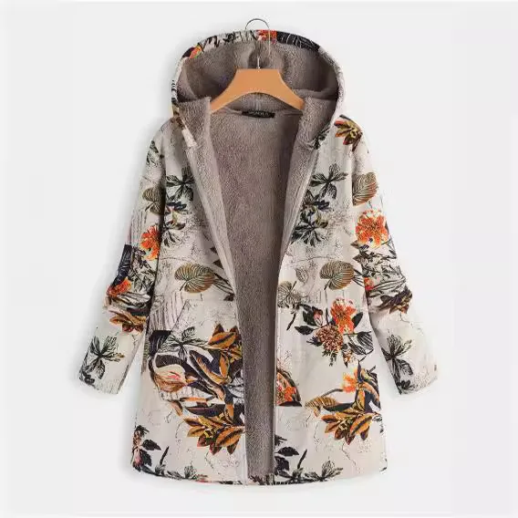 trade women's clothing new women's winter cotton and linen printing thickened and piled hooded plush sweater zipper jacket