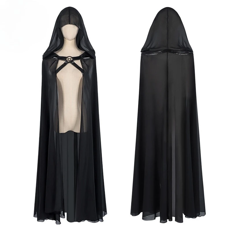 

Women New Retro Casual Poncho Medieval Cape Mesh Long Coat Renaissance Hooded Black Stage Men Halloween Cosplay Jackets