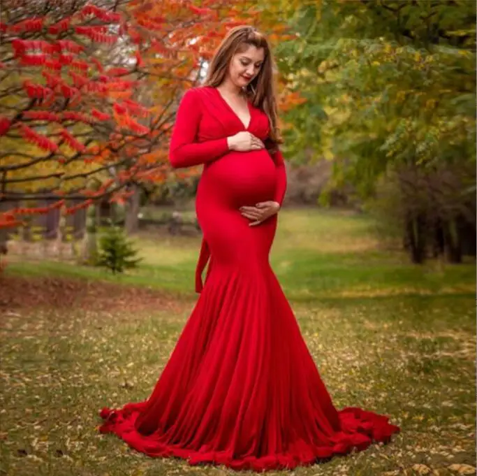 

Mercerized cotton maternity V-neck dress Maternity Photography Props Dress Through Maternity Photo Shoot Tulle Long Sleeve Dress