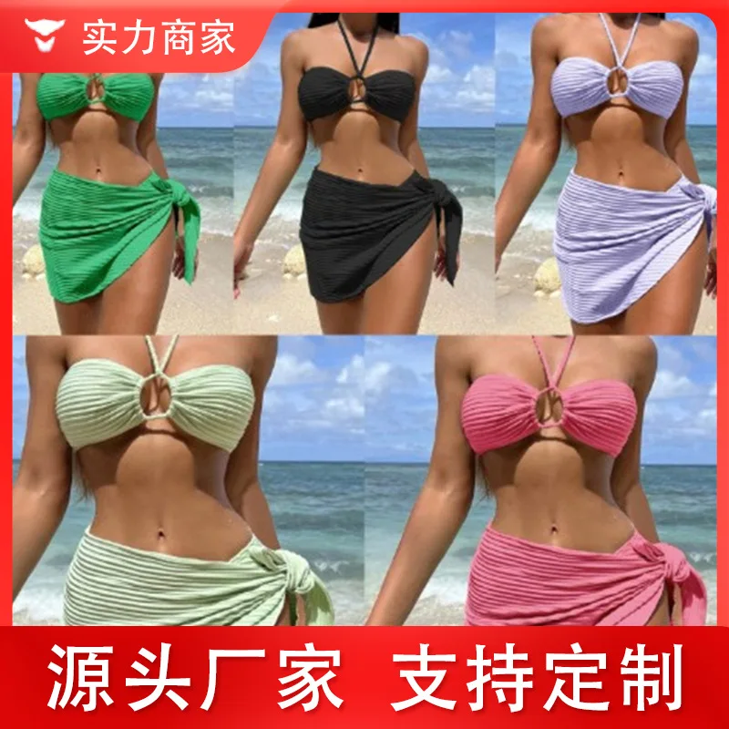 Sexy três peças maiô gaze, cor sólida, para as mulheres, biquíni, cabeçadas, praia, spa, férias, novo