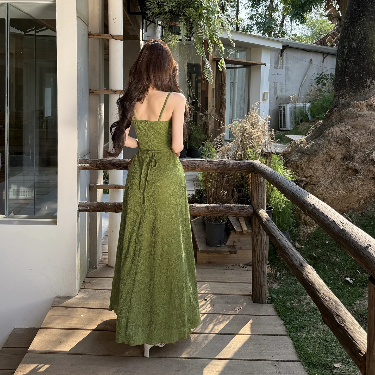 Harajuku Vintage Olive Green Jacquard Maxi Dress Spaghetti Strap Drawstring Bodycon Robe Elegant Casual Summer Party Prom Dress