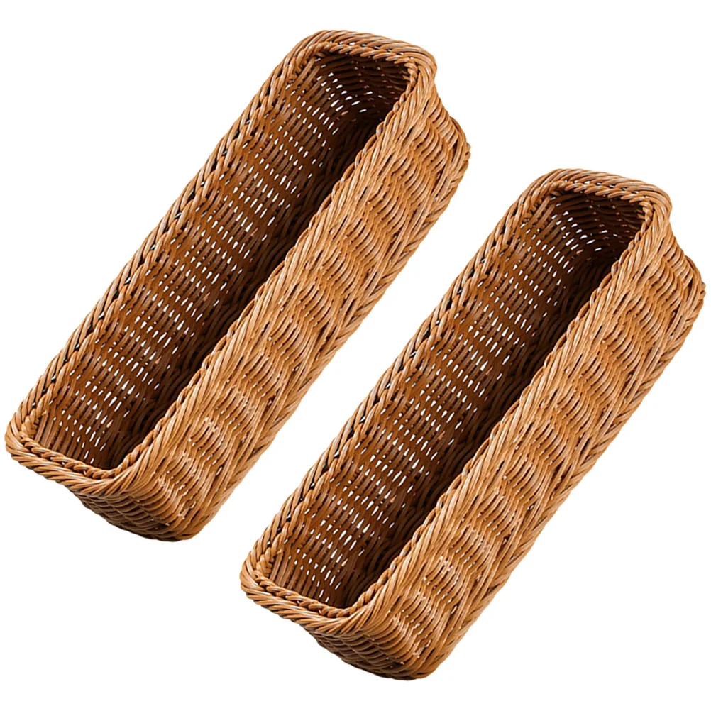 

2pcs Imitation Rattan Knife Fork Basket 30x11x7cm Brown Woven Kitchen Storage Baskets Spice Jar Holder Desk Organizer