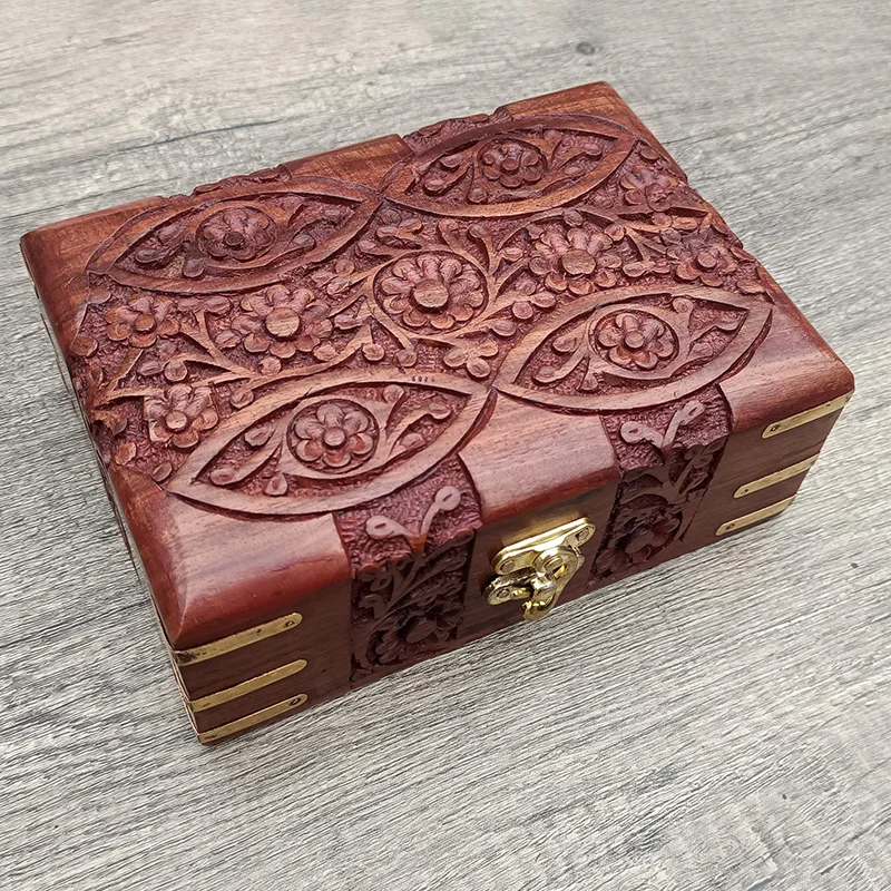 Indian Rosewood Nepal Hand Carved Antique Jewelry Box Coin Collection Rectangular Storage Case