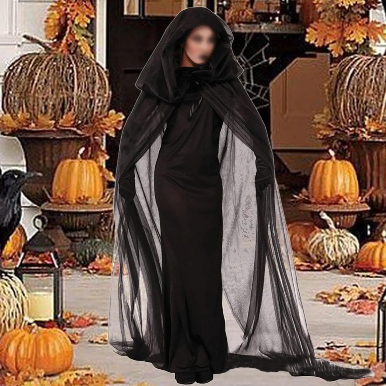 Hooded Tulle Cape Vampire Bride Long Net Robe for Masquerade Party Halloween