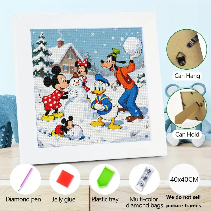 

1PC DIY 5D Full Drill Diamond Painting Kit, Mickey Mouse Minnie Donald Duck Goofy Snowman Winter Wonderland Christmas Scene Cart