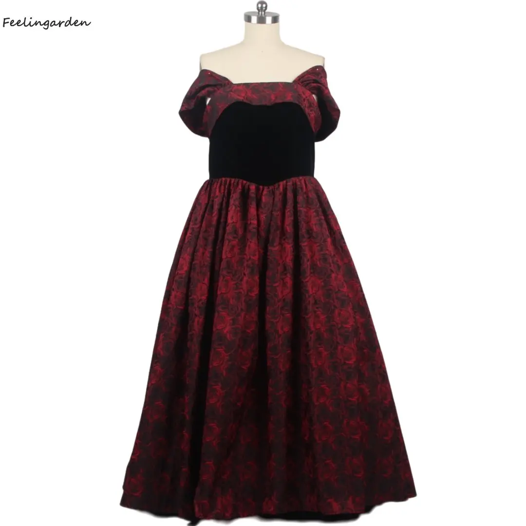 

Feelingarden Evening Dress Burgundy Floral Satin Strapless Short Sleeveless Pleat Floor Length Plus size Party Dresses B2366