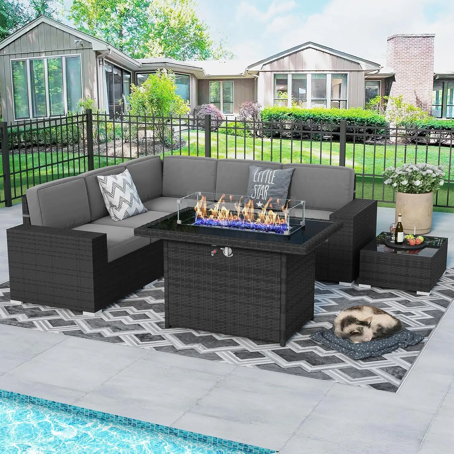 

7 Pieces Outdoor Patio Furniture Set with Fire Pit Table, Rattan Sectional Conversation Sofa Set with Coffee Table