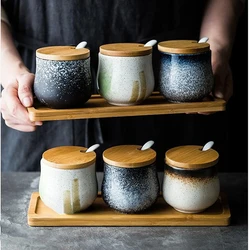 Japanese-style Ceramic Seasoning Jar Set Household with Lid Salt Sugar Seasoning Jar Kitchen Supplies Seasoning Box Storage Tank