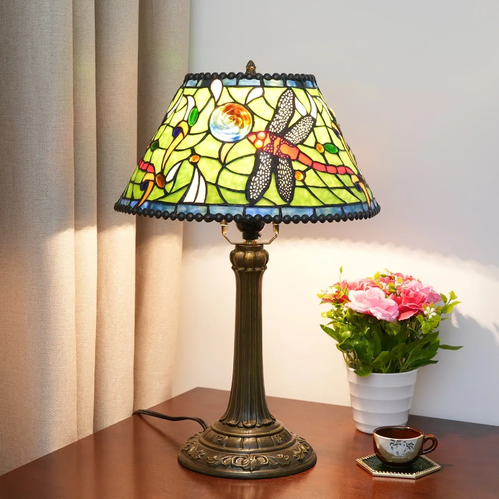

30cm Tiffany Stained Glass Table Lamp American Dragonfly Flower Lampshade Living Room Dining Room Bar Light Bedroom Bedside Lamp